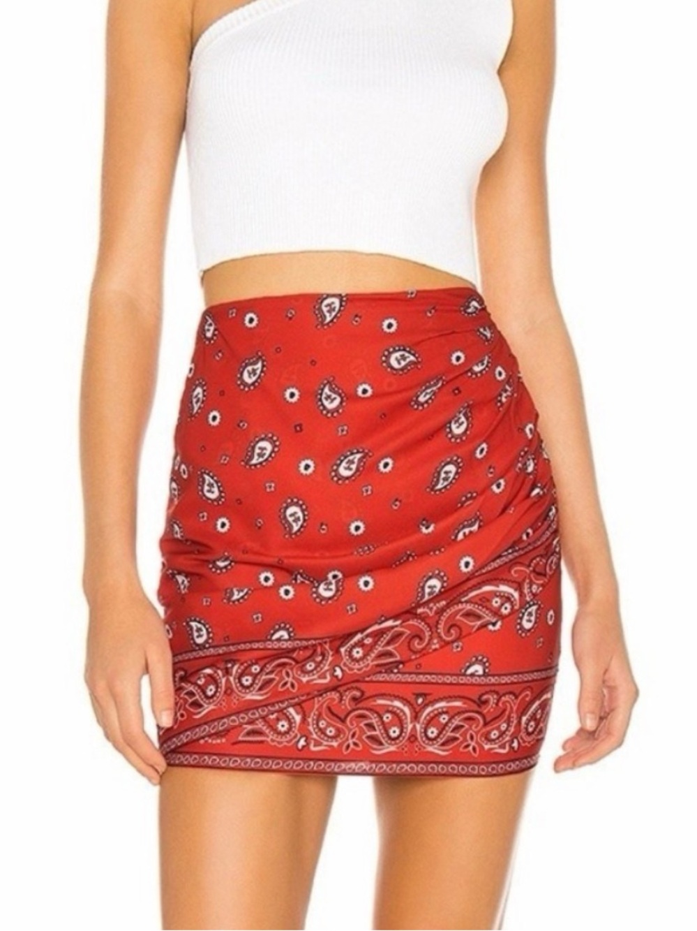 Superdown Darby Mini Skirt Red Bandana Paisley Ruched
Side Zip Bodycon New S
